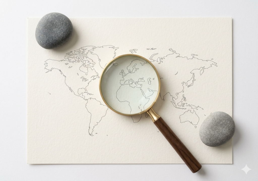 Modern gold magnifying glass over a minimal world map, representing the Discovery phase of international tax analysis at Yiu CPA.