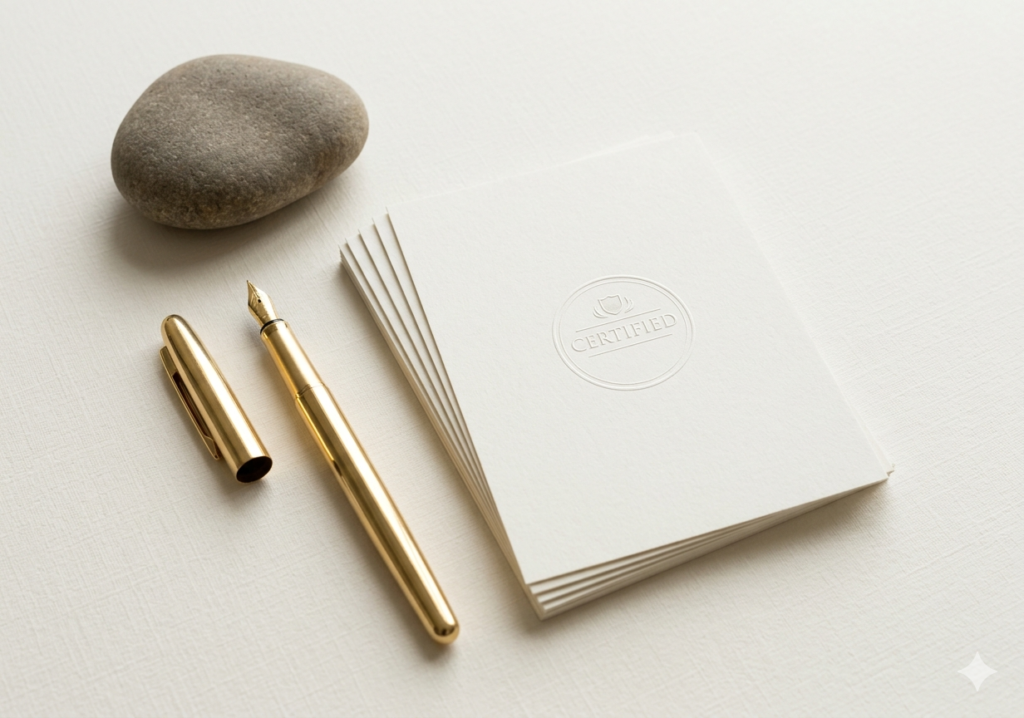 A minimalist flat lay featuring a gold fountain pen and a smooth river stone on cream paper, representing the Execution and global compliance phase at Yiu CPA.