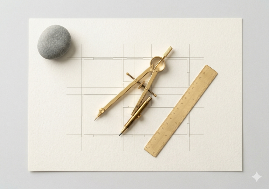 A minimalist flat lay of gold drafting compasses and a ruler on cream paper with geometric lines, representing bespoke tax strategy and planning at Yiu CPA.