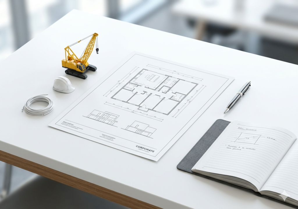 Construction blueprints and hard hat on a desk – Houston CPA tax services for the construction and real estate industry.