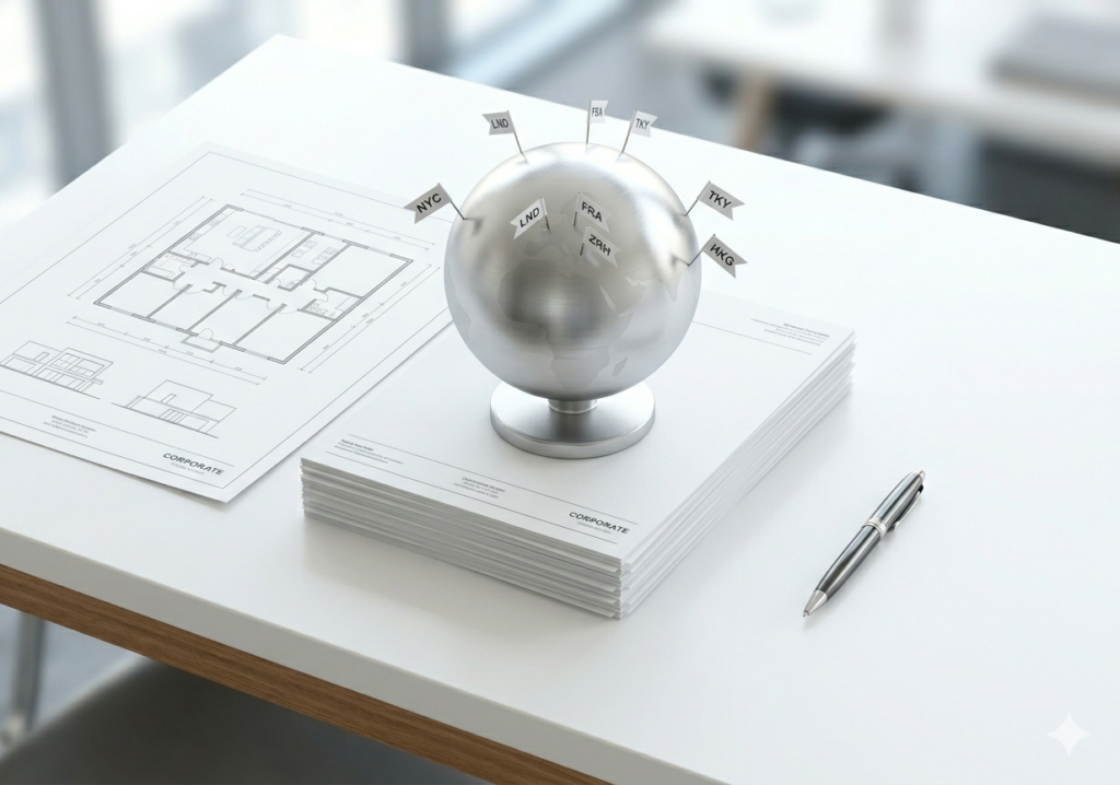 Global tax compliance and international advisory documents with a metallic globe and pen.